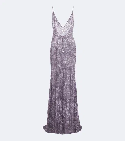 The New Arrivals Ilkyaz Ozel Claudie Sequined Lace Gown In Purple