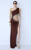 The New Arrivals Ilkyaz Ozel Cocoa Embellished Aysmmetric Gown In Brown