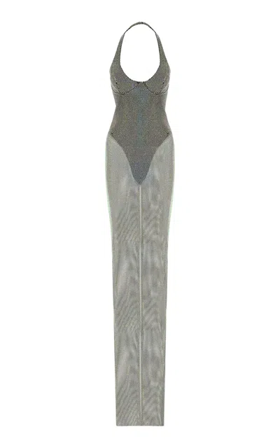 The New Arrivals Ilkyaz Ozel Coralie Crystal-embellished Mesh Maxi Dress In Silver