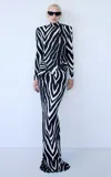 The New Arrivals Ilkyaz Ozel Darja Printed Ruched Evening Gown In Black
