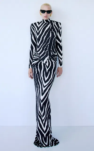 The New Arrivals Ilkyaz Ozel Darja Printed Ruched Evening Gown In Black