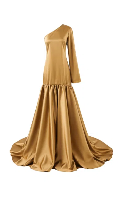The New Arrivals Ilkyaz Ozel Ecliptia One-shoulder Satin Maxi Dress In Gold