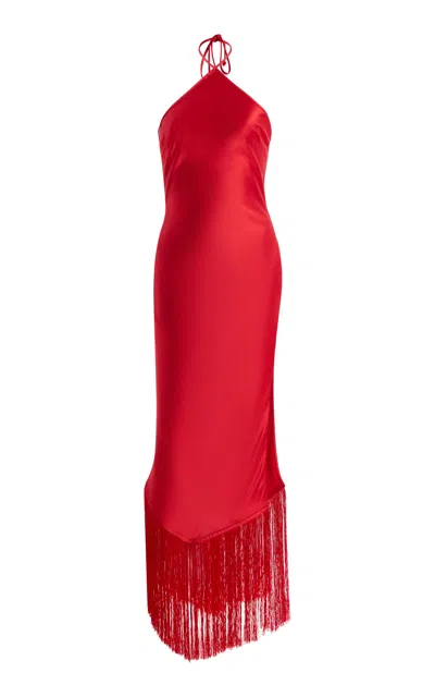 The New Arrivals Ilkyaz Ozel Exclusive Blânca Fringed Satin Midi Halter Dress In Red