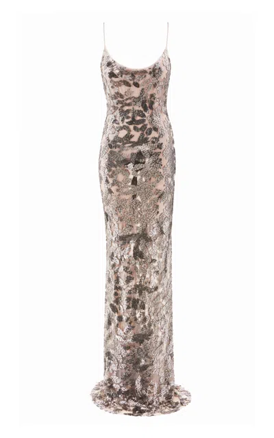 The New Arrivals Ilkyaz Ozel Isis Beaded Tulle Maxi Dress In Silver