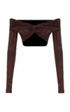 The New Arrivals Ilkyaz Ozel Jasmine Off-the-shoulder Hotfix Crepe Jerset Crop Top In Brown