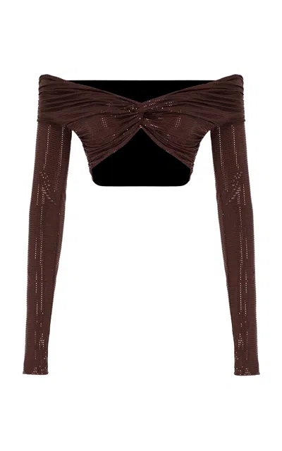 The New Arrivals Ilkyaz Ozel Jasmine Off-the-shoulder Hotfix Crepe Jerset Crop Top In Brown