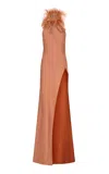 The New Arrivals Ilkyaz Ozel Jazzy Ostrich-trimmed Satin Maxi Dress In Pink