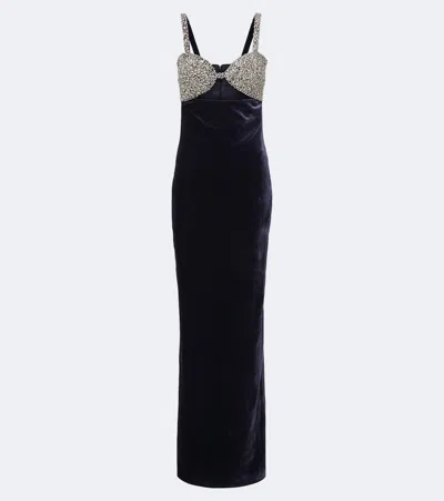 The New Arrivals Ilkyaz Ozel Lux Cutout Crystal-embellished Velvet Gown In Blue