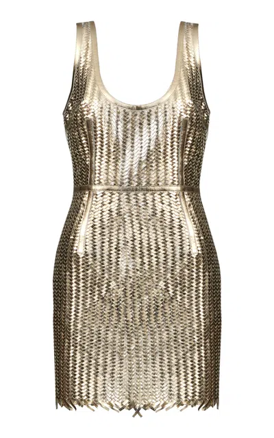 The New Arrivals Ilkyaz Ozel Manu Metallic Leather Mini Dress In Gold
