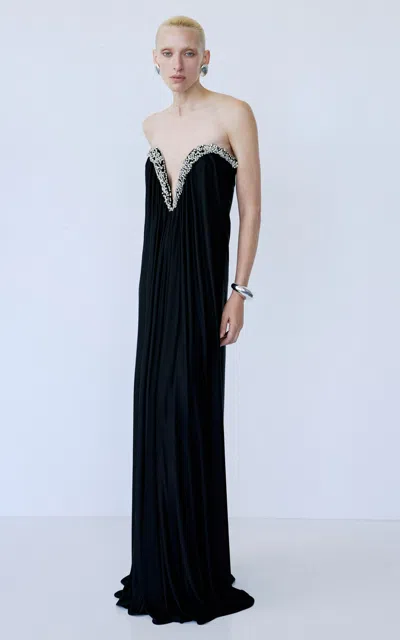The New Arrivals Ilkyaz Ozel Olivienne Embellished Draped Evening Gown In Black