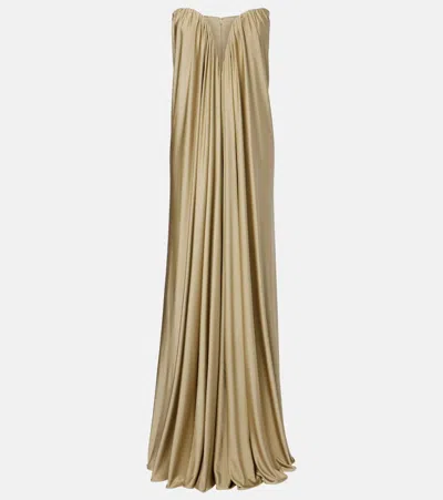 The New Arrivals Ilkyaz Ozel Olivienne Pleated Strapless Gown In Green