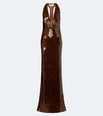 The New Arrivals Ilkyaz Ozel Olympia Sequin-embellished Maxi Dress In Brown