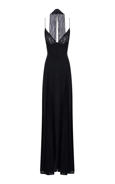 The New Arrivals Ilkyaz Ozel Paige Lace-trimmed Satin Maxi Dress In Black