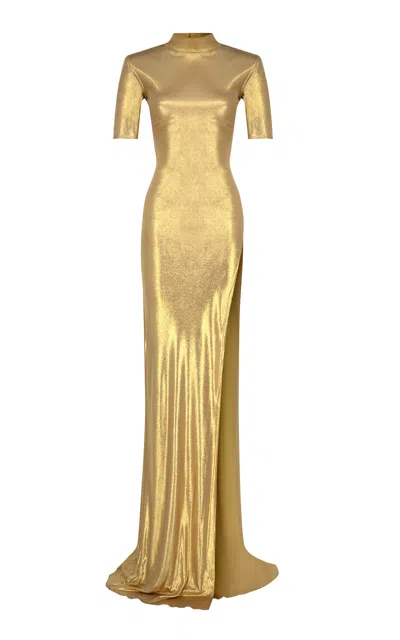 The New Arrivals Ilkyaz Ozel Pernille Metallic Jersey Maxi Dress In Gold
