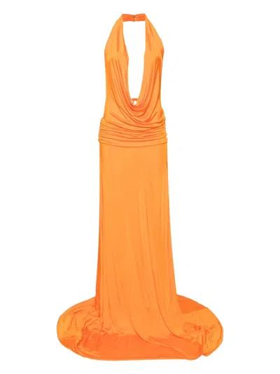 The New Arrivals Ilkyaz Ozel Plunging V-neck Maxi Dress In Orange