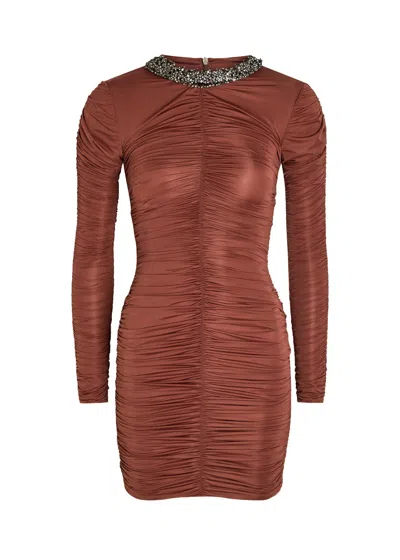 The New Arrivals Ilkyaz Ozel Ross Embellished Ruched Stretch-jersey Mini Dress In Brown