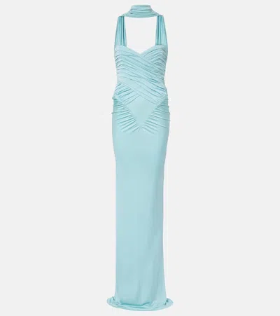 The New Arrivals Ilkyaz Ozel Samsara Draped Ruched Gown In Blue