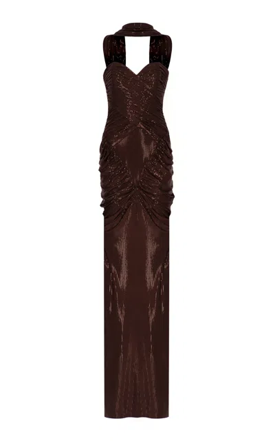 The New Arrivals Ilkyaz Ozel Samsara Ruched Hotfix Jersey Maxi Dress In Brown