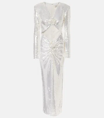 The New Arrivals Ilkyaz Ozel Sequined Cutout Floral-appliqué Gown In Silver