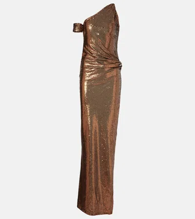 The New Arrivals Ilkyaz Ozel Sequined Gathered One-shoulder Gown In Gold