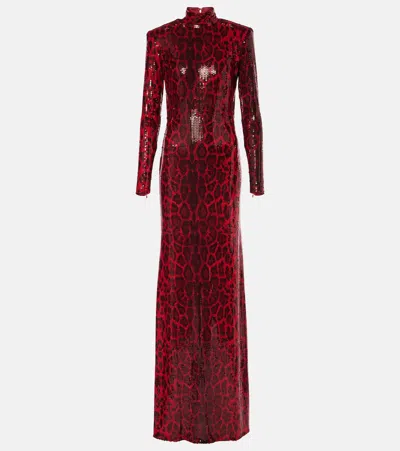 The New Arrivals Ilkyaz Ozel Sequined Leopard-print Open-back Gown In Red