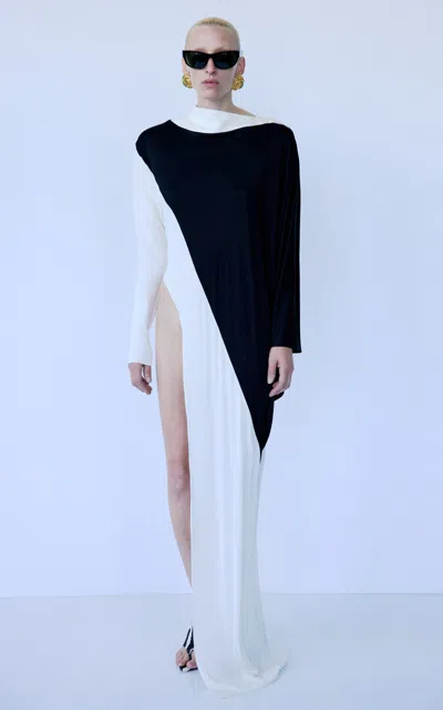 The New Arrivals Ilkyaz Ozel Tina Two-toned Aysmmetric Gown In Multi