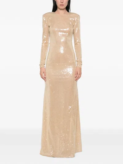 The New Arrivals Ilkyaz Ozel Venom Sequin-embellished Open-back Maxi Dress In Gold