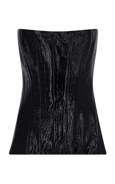The New Arrivals Ilkyaz Ozel Vicki Croc-embossed Leather Corset Top In Black