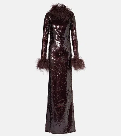 The New Arrivals Ilkyaz Ozel Zouzou Feather-trimmed Sequined Gown In Burgundy