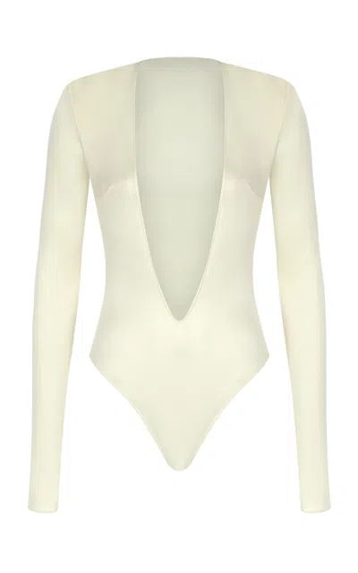 The New Arrivals Ilkyaz Ozel Zoya Plunged Crepe Jersey Bodysuit In White