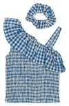 The New Kids' Nally Gingham Asymmetric Top & Scrunchie Set In Blue