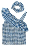 The New Kids' Nally Gingham Asymmetric Top & Scrunchie Set In Daphne Check