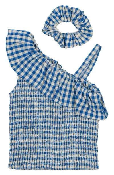 The New Kids' Nally Gingham Asymmetric Top & Scrunchie Set In Daphne Check