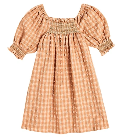 The New Society Kids' Canyon Checked Cotton-blend Dress In Orange