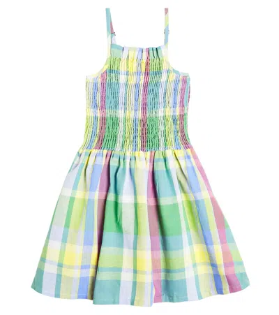 The New Society Kids' Malibu Checked Cotton And Linen Dress In Multicoloured