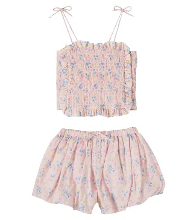 The New Society Kids' Sabina Floral Shirred Cotton Top And Shorts Set In Pink