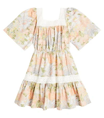 The New Society Kids' Silver Lace-trimmed Floral Cotton Dress In Multicolor