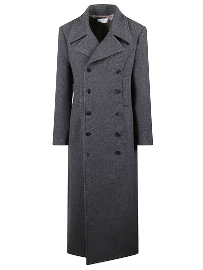The Nina Studio Long Double-breasted Coat With Classic Lapels In Grey Wool In Gray