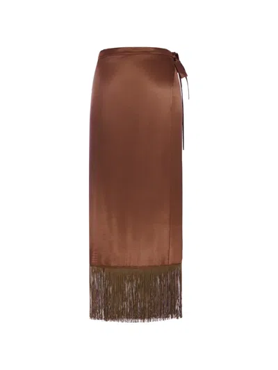 The Nina Studio Maia Fringe-trimmed Wrap Midi Skirt In Brown