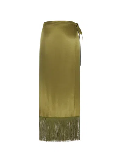 The Nina Studio Maia Fringe-trimmed Wrap Midi Skirt In Green