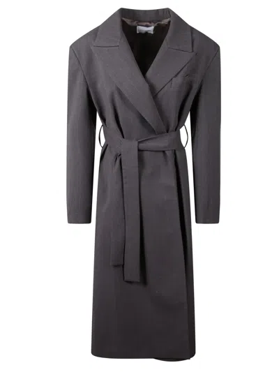 The Nina Studio Pinstripe Belted Coat With Peak Lapels And Tailored Silhouette In Gray