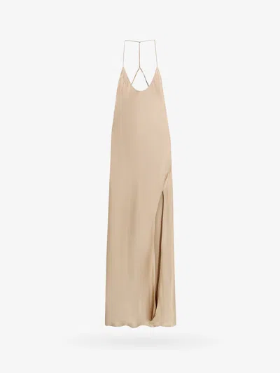 The Nina Studio Satin Dress With Frontal Slit In Sand