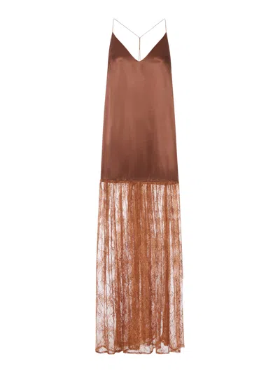 The Nina Studio Silk Dress With Lace Insert In Brown