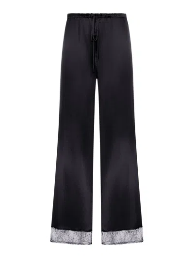 The Nina Studio Silk Palazzo Trousers With Lace Detail In Black