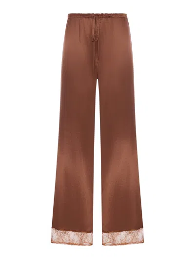 The Nina Studio Silk Palazzo Trousers With Lace Detail In Brown