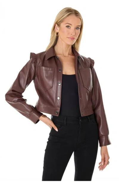 The Noli Shop Chantal Ruffle Sleeve Leather Jacket In Brown