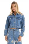 The Noli Shop Kaia Pearl Jean Jacket - Medium Blue In Pink