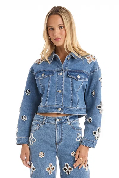 The Noli Shop Kaia Pearl Jean Jacket - Medium Blue In Pink