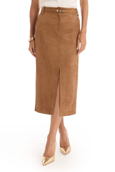 The Noli Shop Kendra Sueded Midi Skirt - Cognac In Brown
