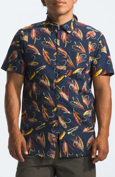 The North Face Baytrail Print Short Sleeve Shirt In Summit Navy Hand Tied Fly
